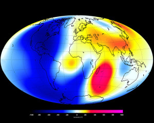 Changes in Earth’s magnetic field from January to June 2014 as measured by the Swarm constellation of satellites. These changes are based on the magnetic signals that stem from Earth’s core. Shades of red represent areas of strengthening, while blues show areas of weakening over the 6-month period. Credit: ESA/DTU Space