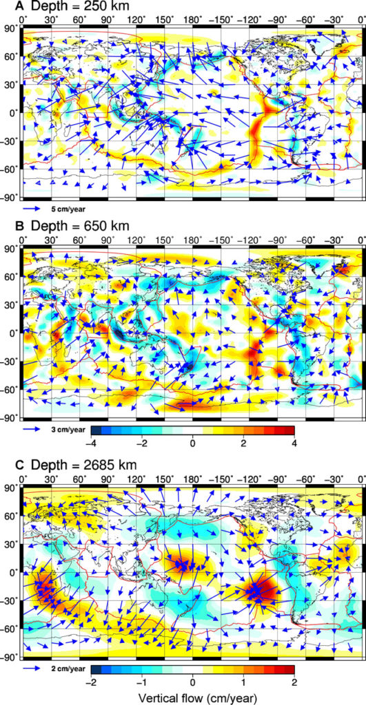 Predicted present-day convective flow at three different depths in the mantle. (A) Asthenosphere. (B) Base of the transition zone. (C) Top of the seismic D″ layer. The mantle buoyancy distribution is given by model TX2008, obtained from joint seismic-geodynamic inversions by Simmons et al. (40). The viscous response of the mantle is calculated on the basis of the “V2” viscosity profile (39), derived from the joint glacial isostatic adjustment convection inversions (41) shown in Fig. 6. The flow calculations are described in detail by Forte et al. (39).