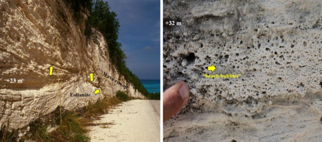 The image on the left shows eolian (lower) and runup bedding (upper) exposed in a roadcut on Old Land Road on Great Exuma Island (road elevation +23 meters). On the right are thick beds with fenestral porosity, or 'beach bubbles,' showing that massive waves ran up over older dunes exposed in a roadcut on Suzy Turn Road along the Atlantic Ocean east side of Providenciales, Turks and Caicos Islands, BWI. Credit: Marine Geology