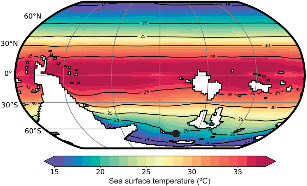 Early Cambrian mean annual SSTs, modeled by the FOAM GCM. The simulation was run under present-day orbital configurations with a CO2-equivalent greenhouse gas forcing of 32 PAL (see Materials and Methods and fig. S4). Black spot marks the position of our δ18Ophos data on Avalonia.
