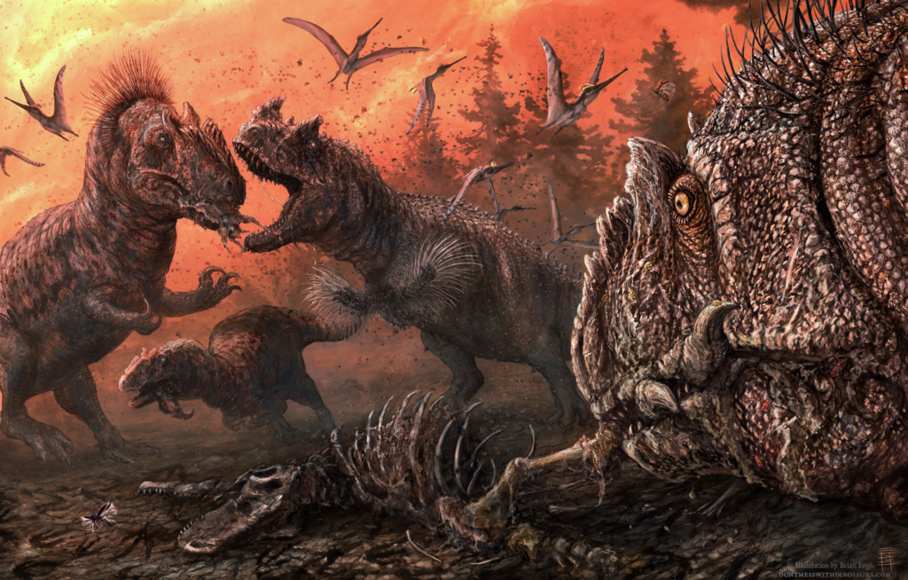Dry season at the Mygatt-Moore Quarry showing Ceratosaurus and Allosaurus fighting over the desiccated carcass of another theropod. Illustration by Brian Engh (dontmesswithdinosaurs.com).